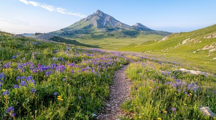 Mountain Meadow Path at Dawn. Possible use Stock photo