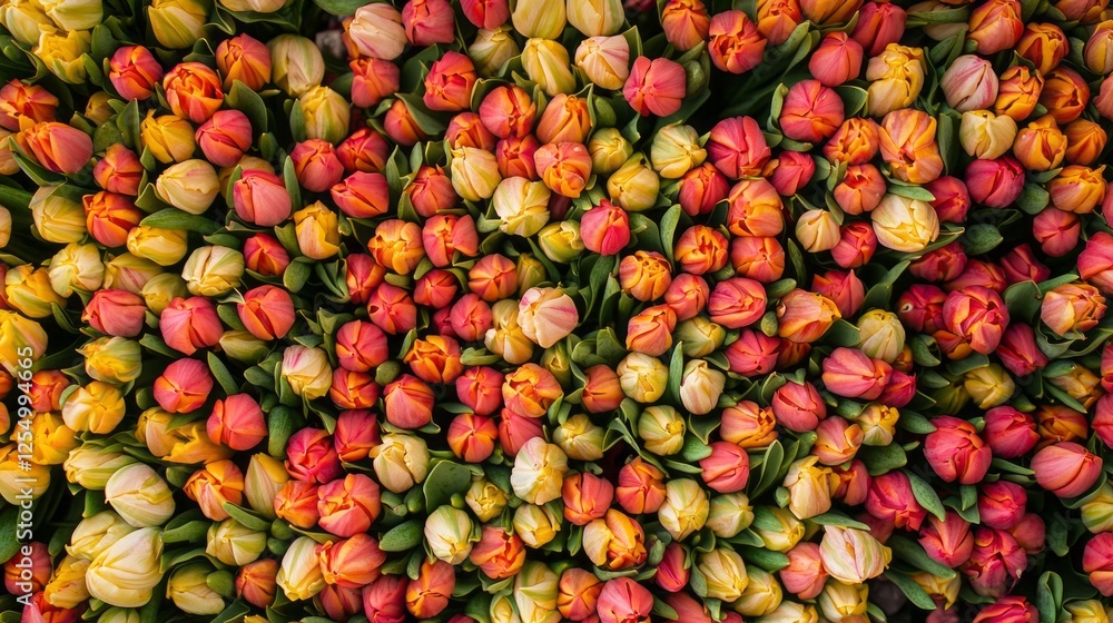 Poster a vast array of tulips in various colors is arranged beautifully, showcasing the delicate petals and