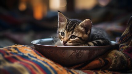 Adorable fluffy tabby cat eating from a handmade ceramic bowl with its name beautifully engraved on the side  This charming scene captures the intimate