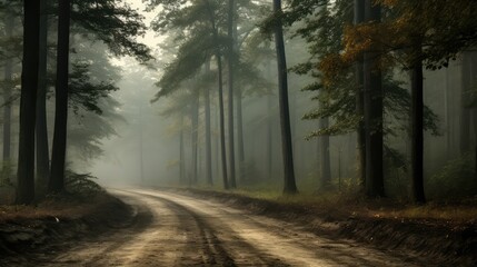 Obraz premium fog dirt road in the woods