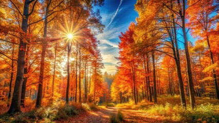 Fototapeta premium Autumnal Pathway Through a Sunlit Forest of Golden and Red Leaves