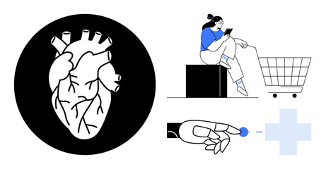 Human heart in black circle, person using smartphone next to a shopping cart, hand touching medical cross. Ideal for health tech, e-commerce, telemedicine, digitization, online shopping, wellness