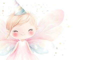 Watercolor illustration shows cute fairy baby wearing party hat