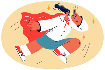 Motivated businesswoman in superhero costume strive for achievement