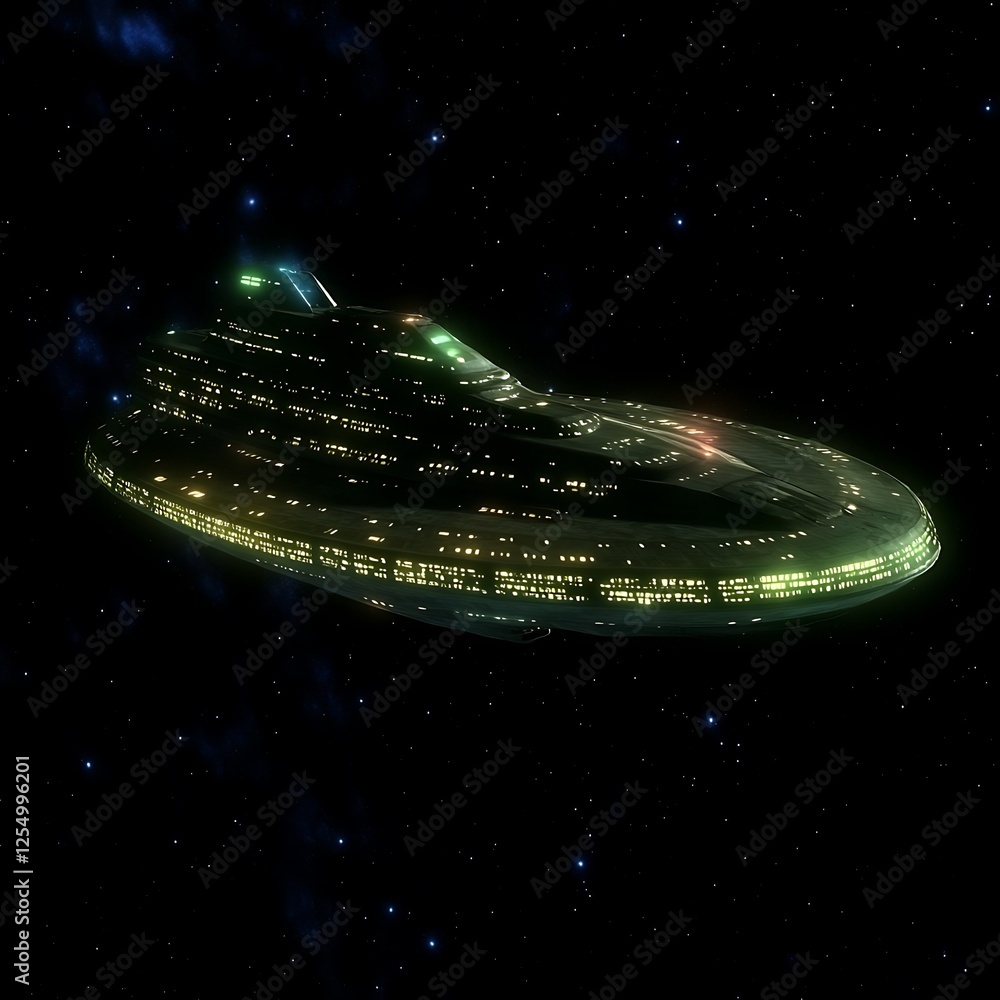 Poster futuristic spaceship exploring the galaxy in the dark starry void of space travel and exploration