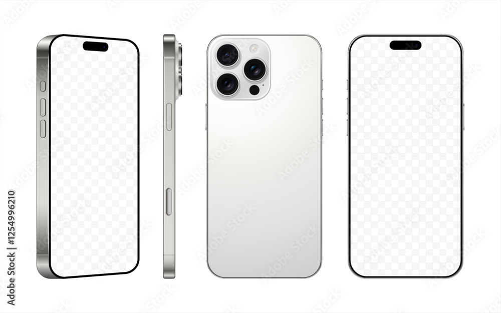 Poster new frameless smartphone silver color with black screen, front back and side view, isolated on white