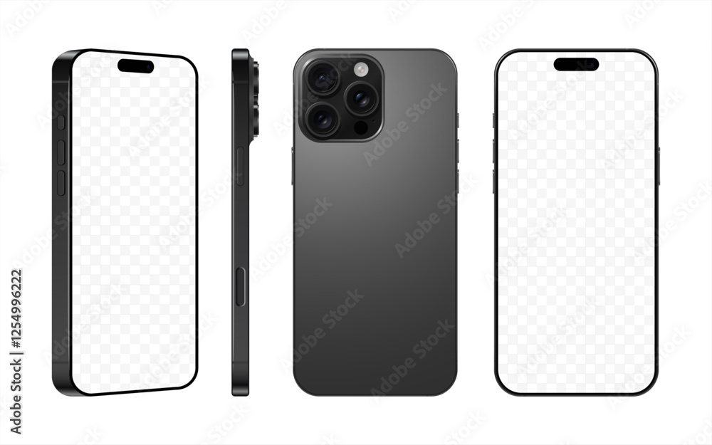 Poster new frameless smartphone gray color with black screen, front back and side view, isolated on white b