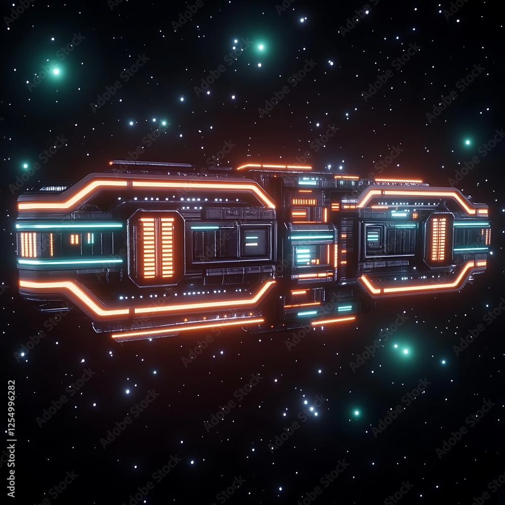 Poster futuristic spaceship journeying across the starry cosmos of deep space in a cyberpunk style display