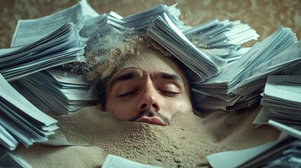 Employees head dissolving into sand surrounded by paperwork in a stressed office environment