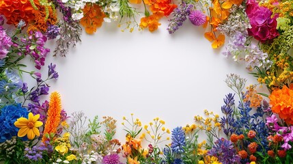 Colorful floral border with various flowers on a blank white background