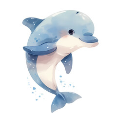 Adorable cartoon dolphin leaping through the water, painted in soft blues and whites.