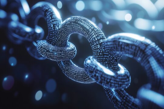 Futuristic digital chain depicting blockchain technology with binary code in a cybernetic atmosphere