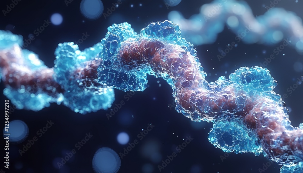 Poster abstract 3d render of a glowing blue and red double helix structure on a dark background