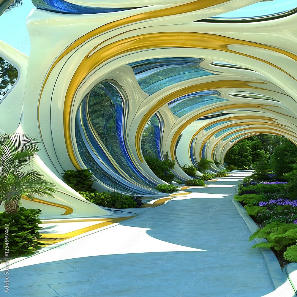 Poster futuristic walkway with botanical garden landscape and advanced architecture in artistic style