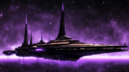 Galactic Citadel Grand Design in Violet Sky Serenity and Futuristic Cosmic Architecture Marvel