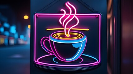 neon sign with a stylized illustration of a steaming cup of coffee