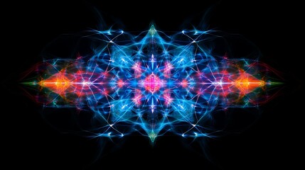 Geometric Abstract Shape Composition of Complex Interconnected Light Patterns on Dark Background