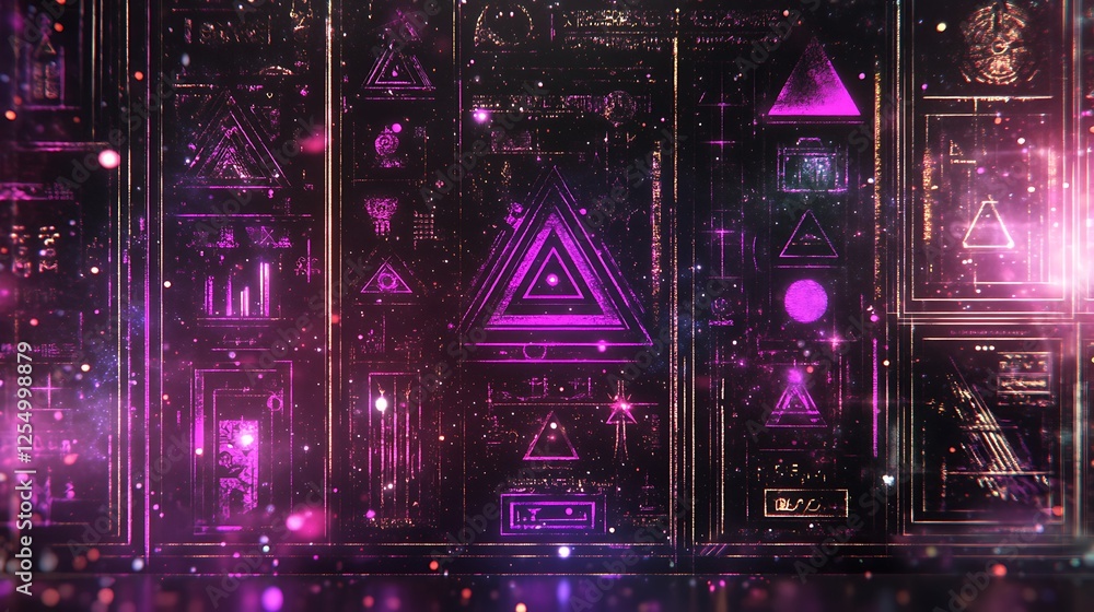 Aufkleber geometric wall with glowing purple triangles and intricate patterns in dark abstract design