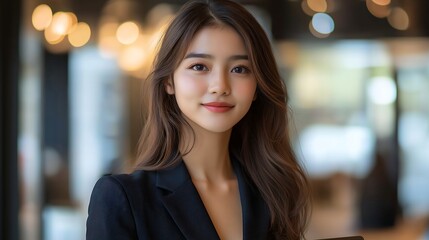 Obraz premium A confident businesswoman in a black suit, holding a tablet and standing in a modern office environment, looking focused and professional