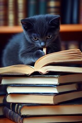 A dedicated cat in a small library clerk apron stamps a tiny book, focusing on precise record-keeping. The flawless white background ensures immediate attention on this methodical action. Gentle 