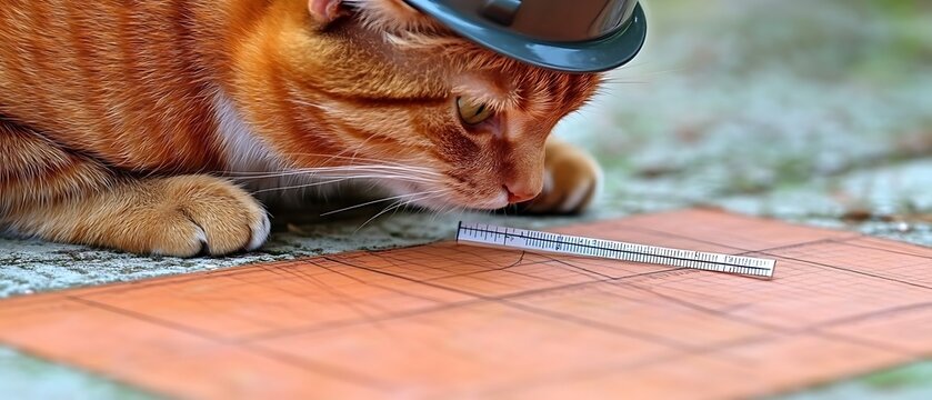 A determined cat donning a neat engineering helmet measures a small block structure with a ruler. The photo’s white background underscores the cat’s methodical approach, minimizing visual distractions