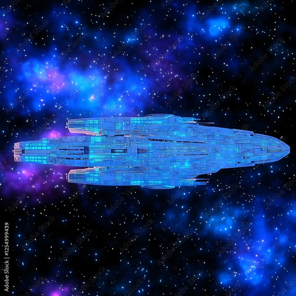 Poster gigantic spaceship navigating through cosmic nebula and distant star fields exploration mission