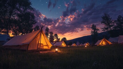 A row of illuminated tents sit in a grassy field under a starry sky, with a mountain range in the background.