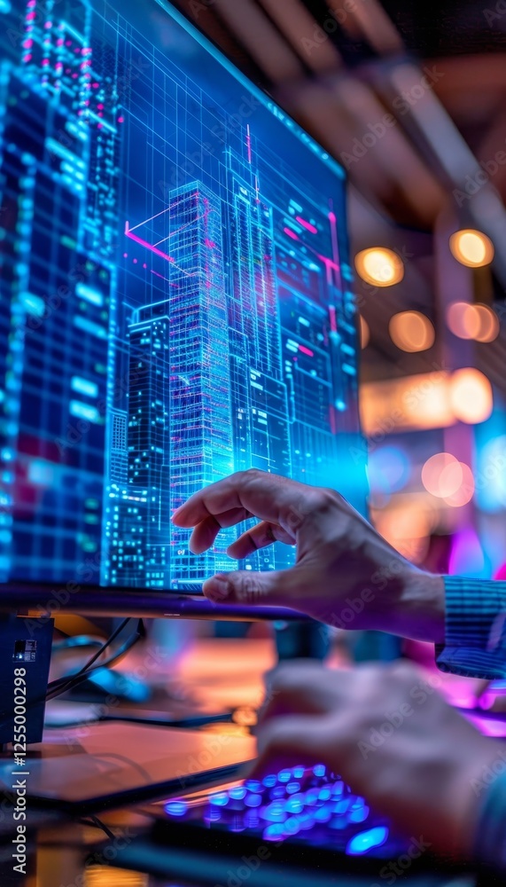 Aufkleber architect using ai to create holographic building plans in a modern office environment