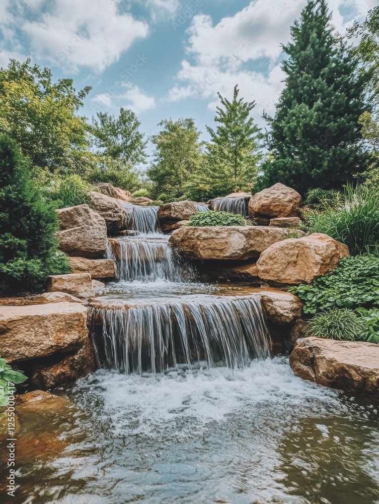 Aufkleber Water cascades over rocks in a serene garden setting surrounded by lush greenery during a sunny afternoon. Generative AI