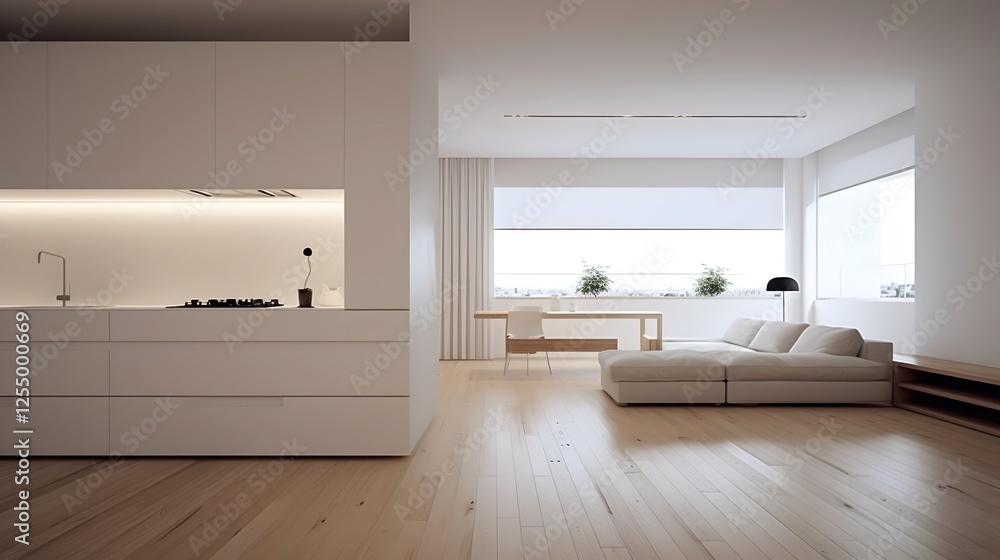 Poster a stylish and modern minimalist apartment with an open floor plan and large expansive windows that a