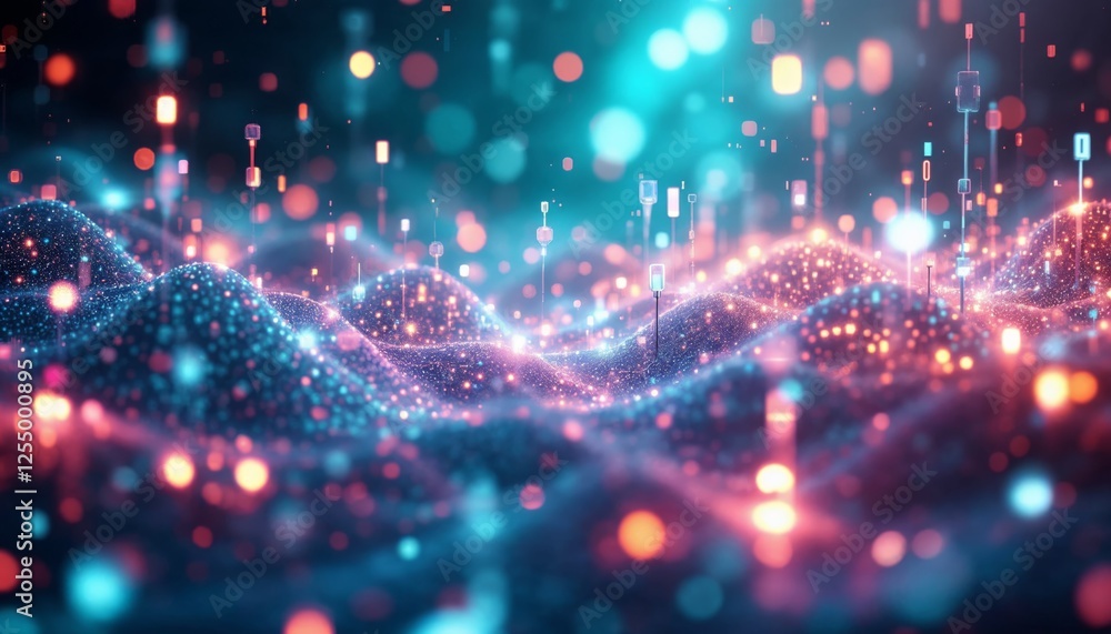 Poster abstract data flow landscape with glowing nodes and rising pillars