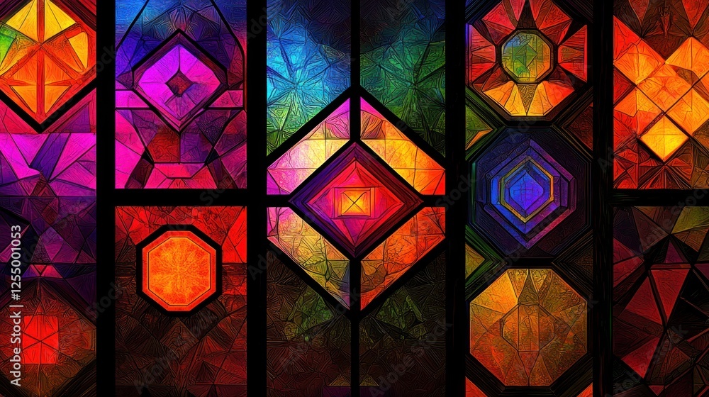 Poster abstract geometric patterns with bold colors on a dark background