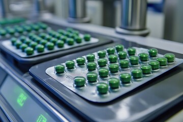 Green pills in blister packs on production line