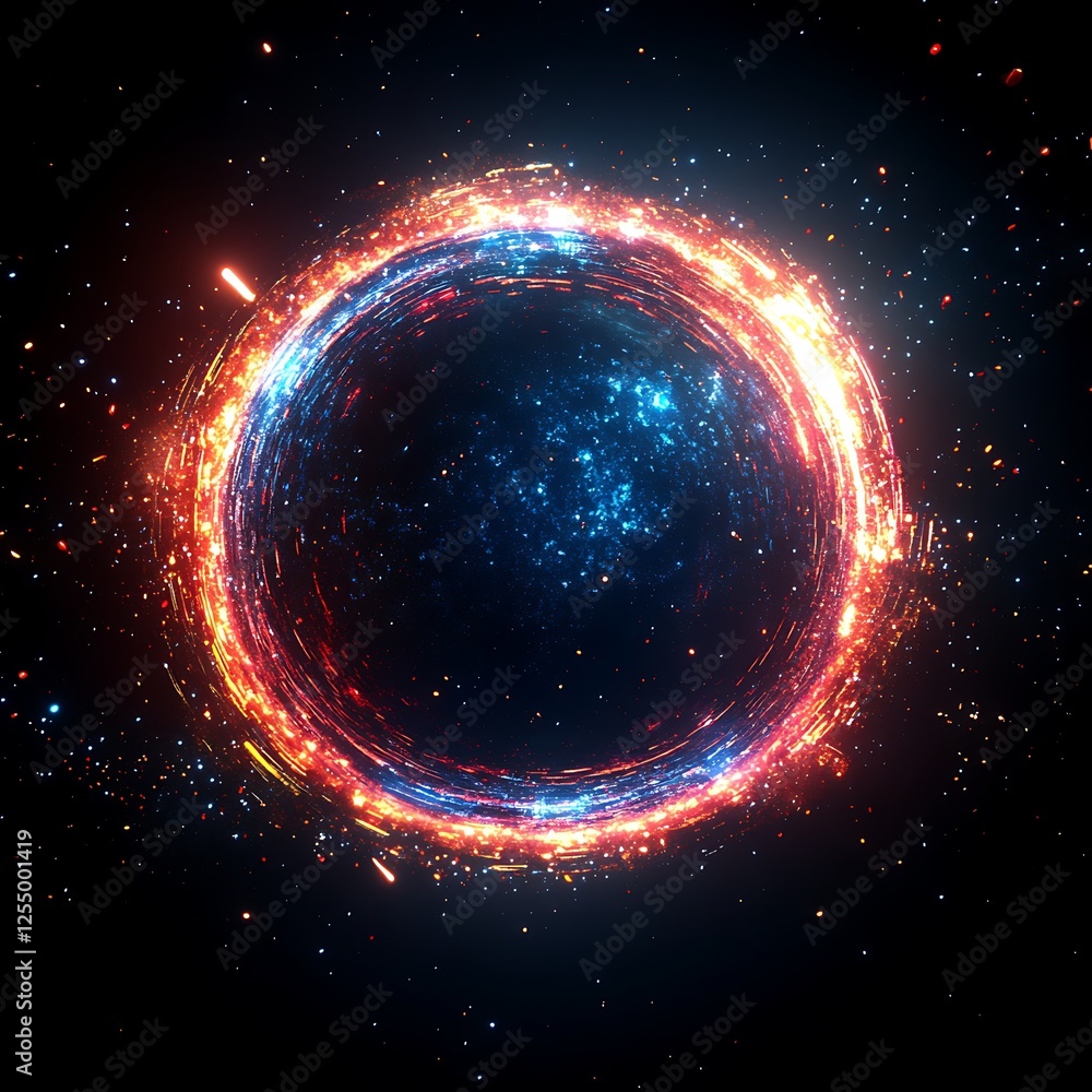 Poster glowing cosmic ring of light portal in deep space abstract digital art creation and visualization