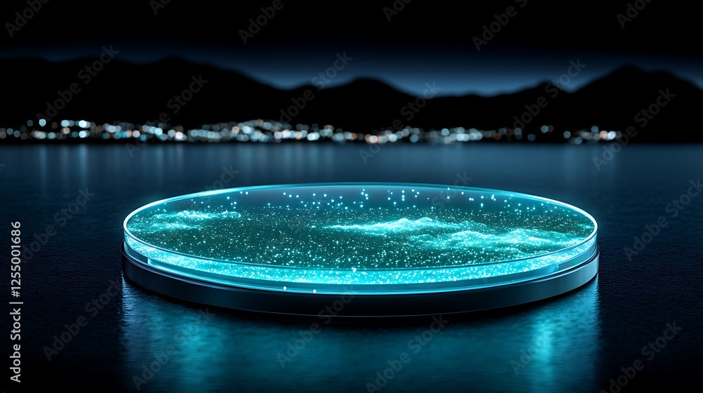 Poster glowing display surface with particle lights floating above a calm lake during nighttime