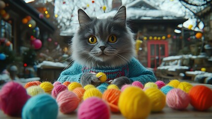 A gentle cat sporting a charity knitting project apron weaves a tiny scarf using miniature needles. The stark white backdrop directs full attention to the craft, complemented by soft, even lighting 