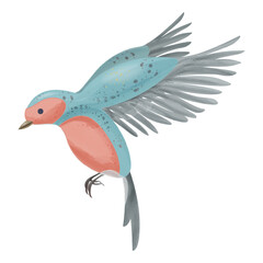 Watercolor illustration of a flying bird with vibrant blue and coral feathers, isolated on a transparent background. Perfect for nature-themed designs, greeting cards, and wildlife illustrations.