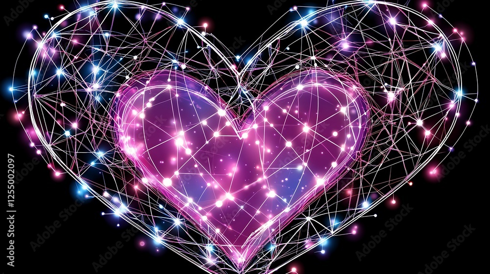 Poster glowing heart network connection romantic design intertwined lines and digital sparkles dark backgro