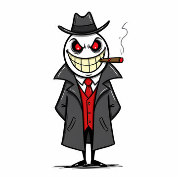 Diabolical evil stick figure meme mafia boss, organized crime syndicate kingpin with cigar - isolated on white	