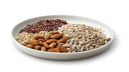 Fototapeta premium Plate of whole grain foods, nuts, and seeds, emphasizing heart-healthy nutrition