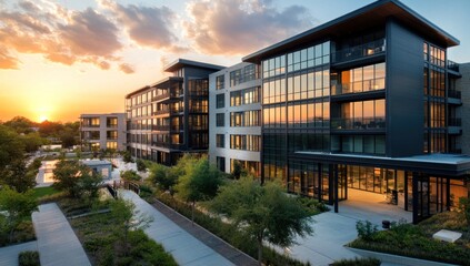Luxury Apartments at Sunset: Modern Architecture and Landscaping