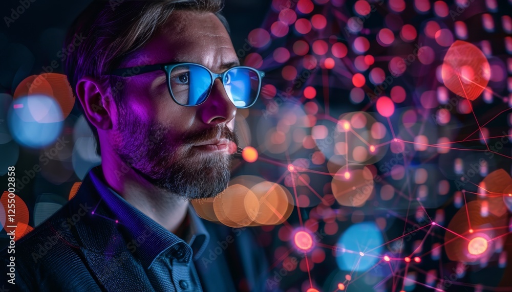 Aufkleber futuristic businessman with glasses and beard surrounded by glowing data points and network links