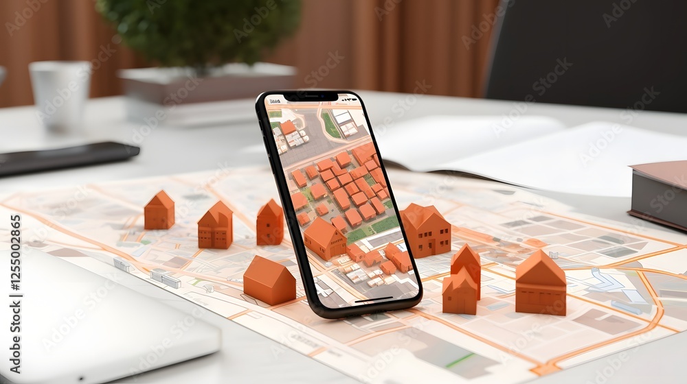 Aufkleber smartphone placed on a modern and stylish office table with a real estate application open on the sc