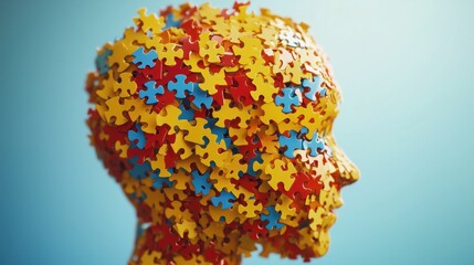 Colorful puzzle pieces forming human head shape on blue background