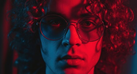 Portrait of a young man with curly hair and stylish sunglasses in dramatic lighting