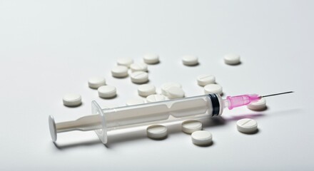 Syringe and white pills on a clean surface, symbolizing medication and health