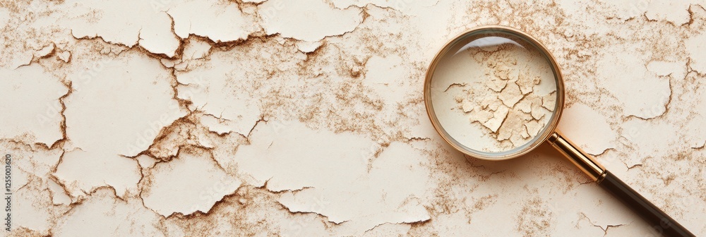 Poster close examination of dry, flaky skin through a magnifying glass reveals intricate patterns and textu