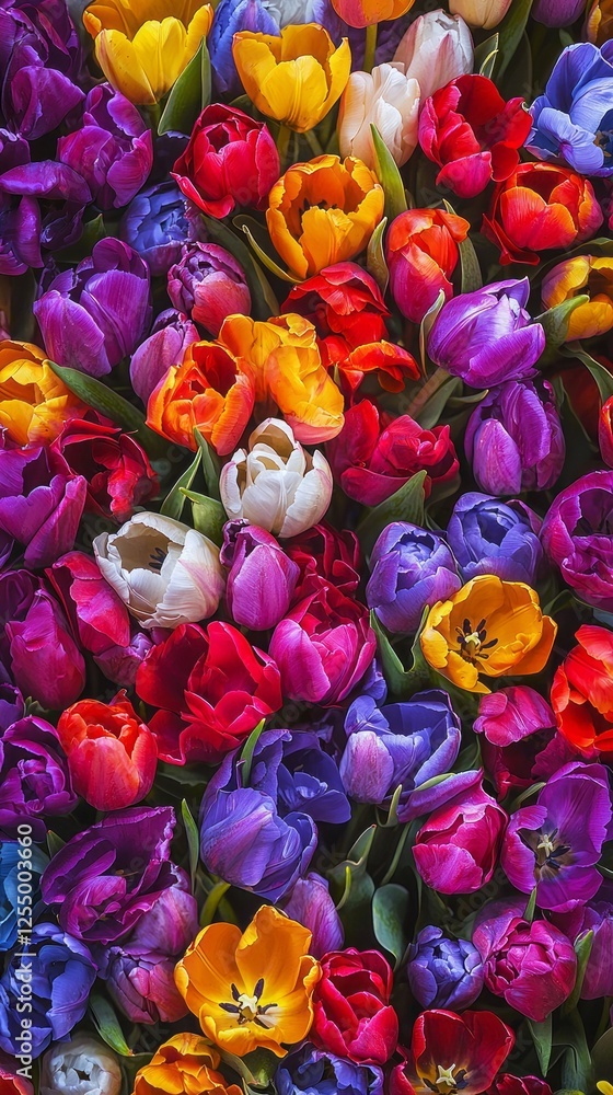 Poster A stunning array of tulips blooms in various shades, creating a lively tapestry of color. Nature's beauty shines in this lively floral arrangement, celebrating spring's arrival with vibrant petals
