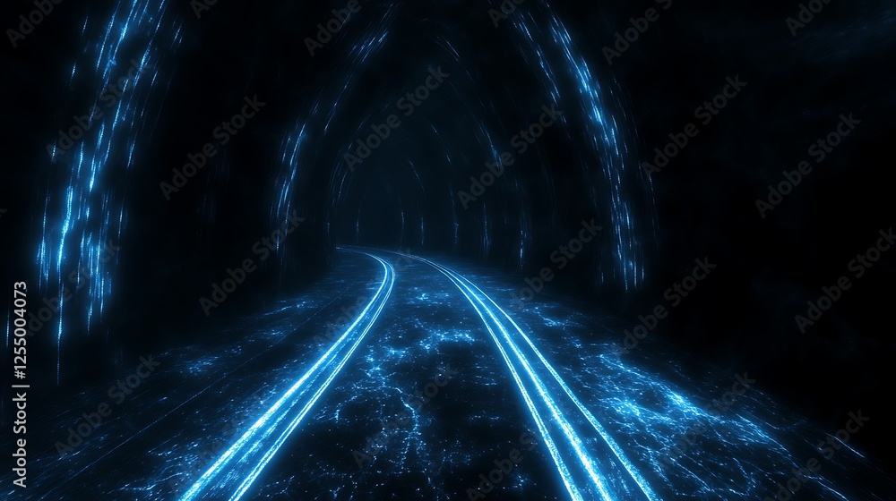 Poster glowing track tunnel deep underground journey abstract artistic expression intense and mysterious