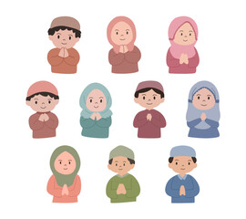 Set of Islamic Children with Greeting Pose for Eid Mubarak Event